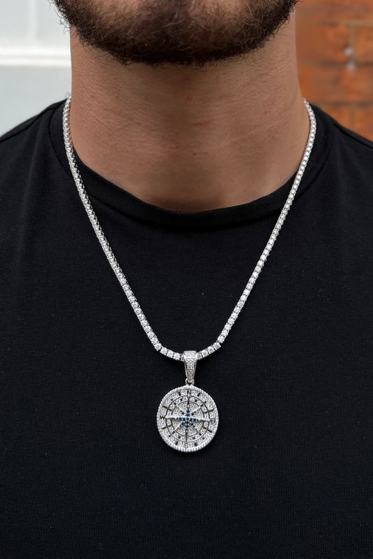 Iced Compass Pendant - White Gold