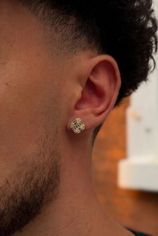 Square Cut Clustered Iced Stud Earrings - Gold