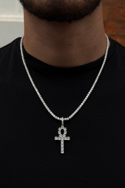 Iced Ankh Cross Pendant - White Gold