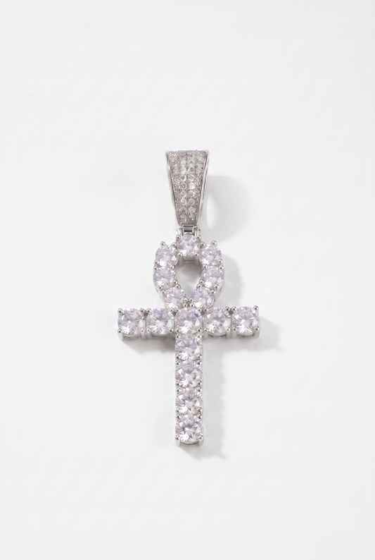 Iced Ankh Cross Pendant - White Gold