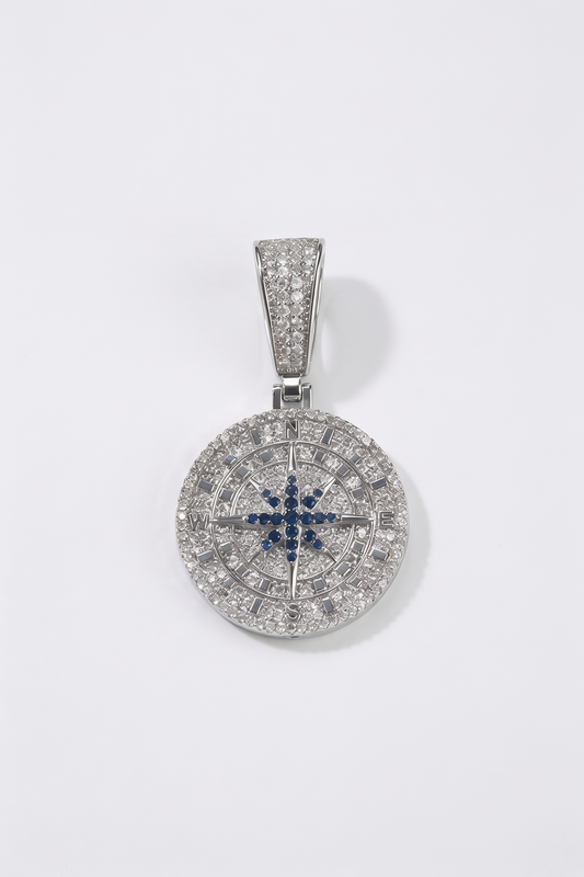 Iced Compass Pendant - White Gold