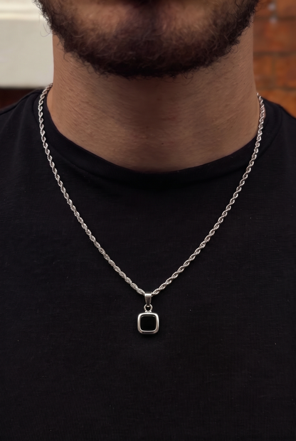 Black Square Stone Pendant - White Gold