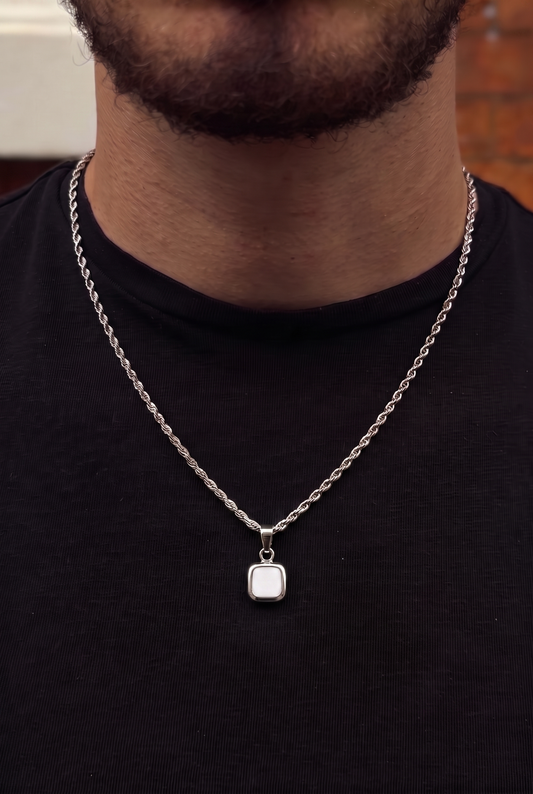 White Square Stone Pendant - White Gold