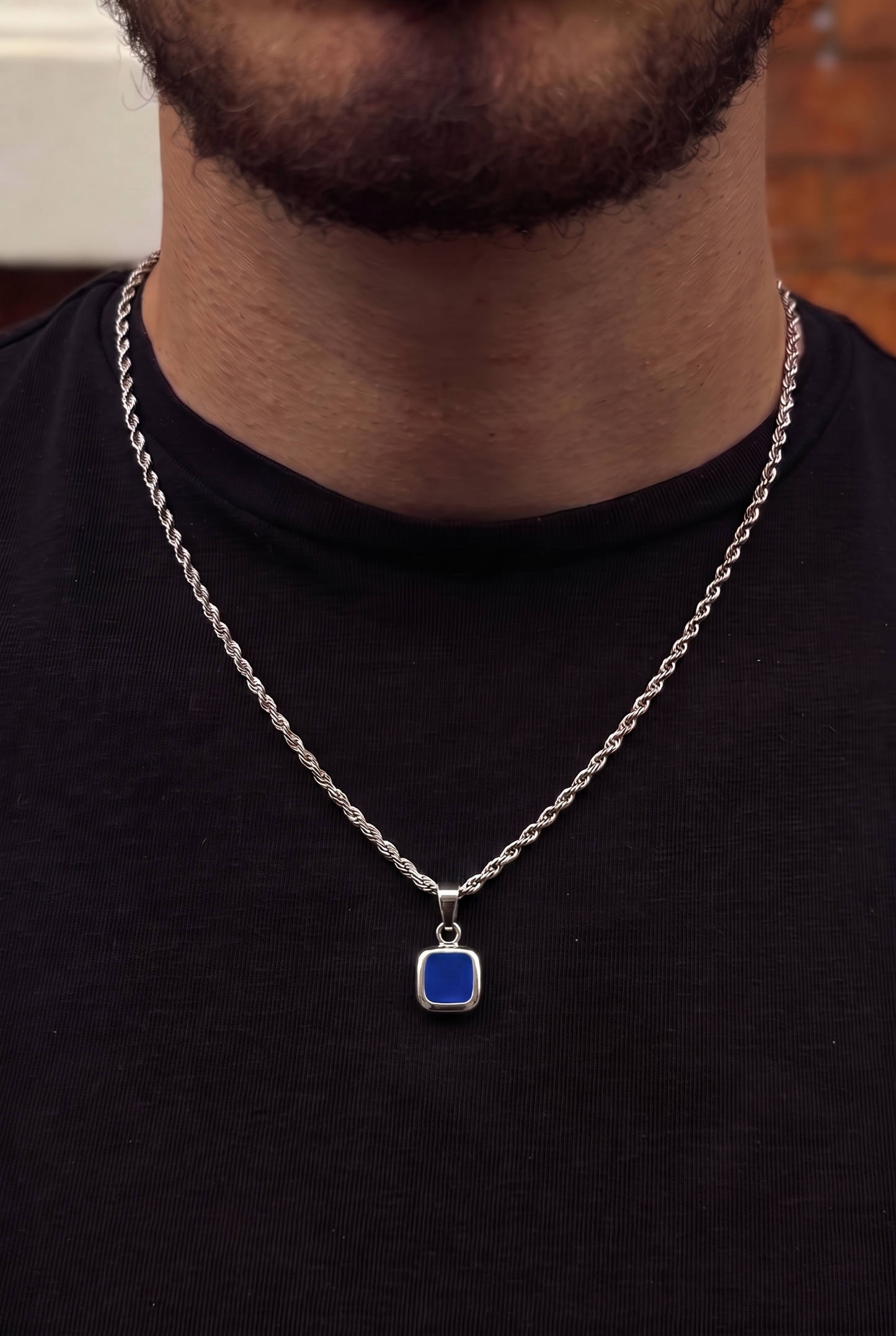 Blue Square Stone Pendant - White Gold