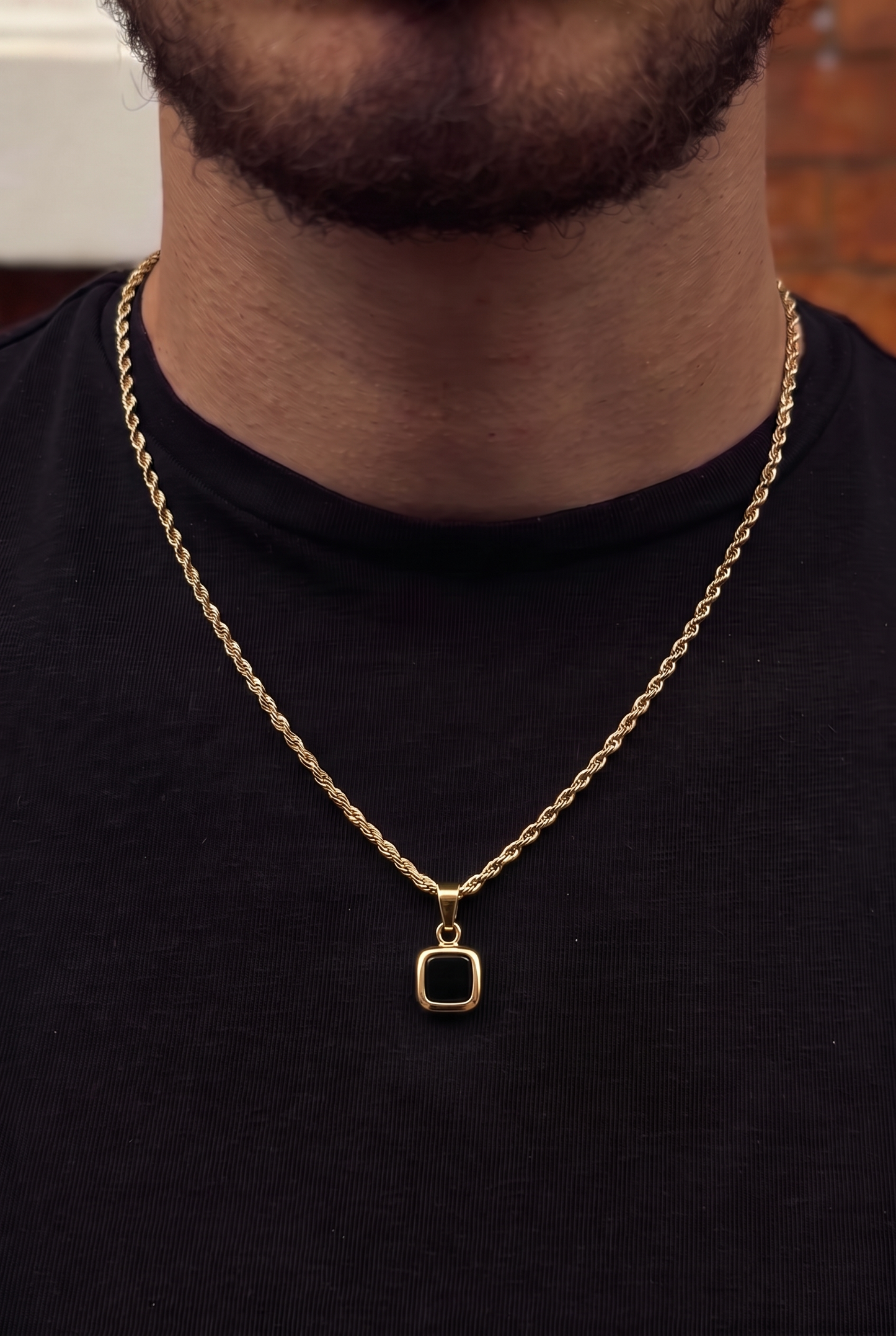 Black Square Stone Pendant - Gold