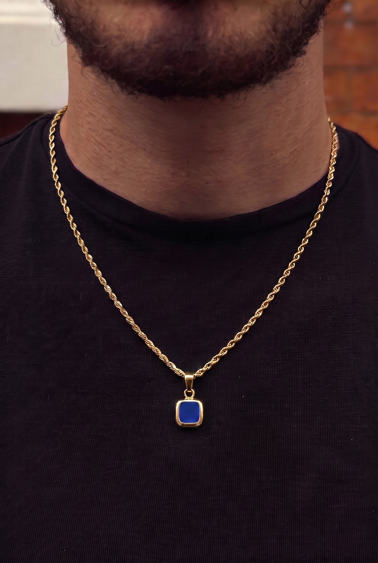 Blue Square Stone Pendant - Gold