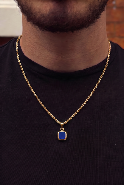 Blue Square Stone Pendant - Gold