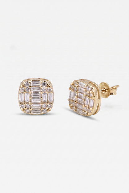 Square Cut Clustered Iced Stud Earrings - Gold