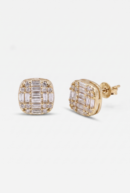 Square Cut Clustered Iced Stud Earrings - Gold